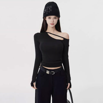 Asymmetrical Off-Shoulder Long-Sleeve T-Shirt for Women, Autumn and Winter American Style, Tight-Fitting, Hollow-Out, Slim-Fit, Off-Shoulder, Elegant Base Top