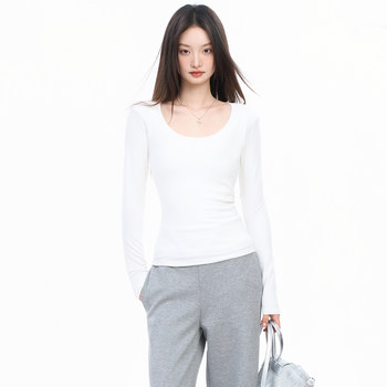 2025 Korean Style U-Neck Long-Sleeve T-Shirt for Women, Spring, Autumn, and Winter, Sexy Tight-Fitting Low-Neck Exposed Collarbone Inner Layer Base Shirt Top