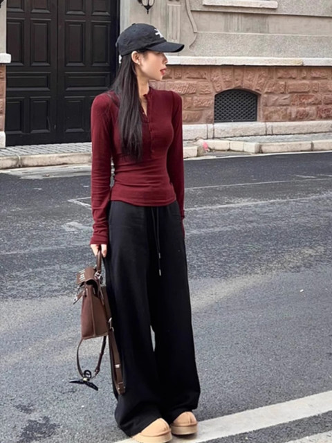 Half-Open Collar Buttoned Long-Sleeve T-Shirt for Women, Early Autumn American Style, Trendy Versatile Slim-Fit Base Layer Top