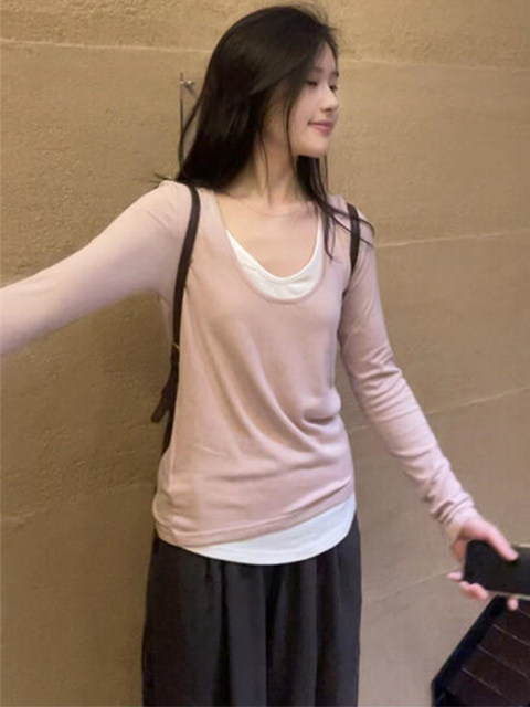 Fake Two-Piece U-Neck Long-Sleeve T-Shirt for Women, New Spring and Autumn Korean Style, Lazy Style, Slim Fit, Inner Layering Top