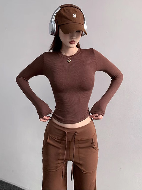 American-Style Spicy Girl Round-Neck Long-Sleeve T-Shirt for Women, New Autumn Slim-Fit High-Waisted Short Top for Layering