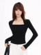 Can Be Worn Outside, Square-Neck Long-Sleeve T-Shirt for Women, Autumn and Winter Spicy Girl Style, Slim Fit, Fake Two-Piece Inner Layering Top