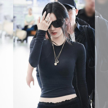 Celebrity-Inspired Black Long-Sleeve Base Shirt T-Shirt for Women, Autumn and Winter Slim Fit Inner Wear, Slimming Simple Round-Neck Top