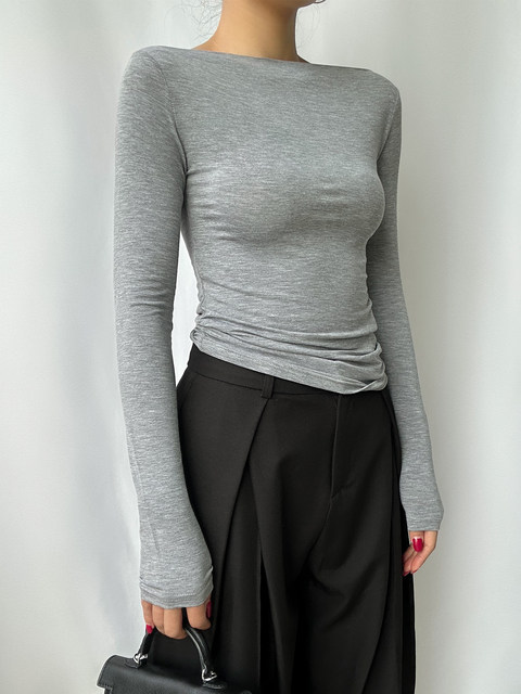 Trendy Off-Shoulder Long-Sleeve Base Shirt T-Shirt for Women, Autumn and Winter Pure Desire Style, American-Style Tight-Fitting Slim-Fit Top