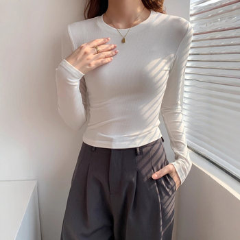 Figure-Flattering Warm Round-Neck Long-Sleeve T-Shirt for Women, Autumn and Winter, Slim-Fit, Suitable for Pairing with Coats, Thin Fleece, Thickened Base Layer