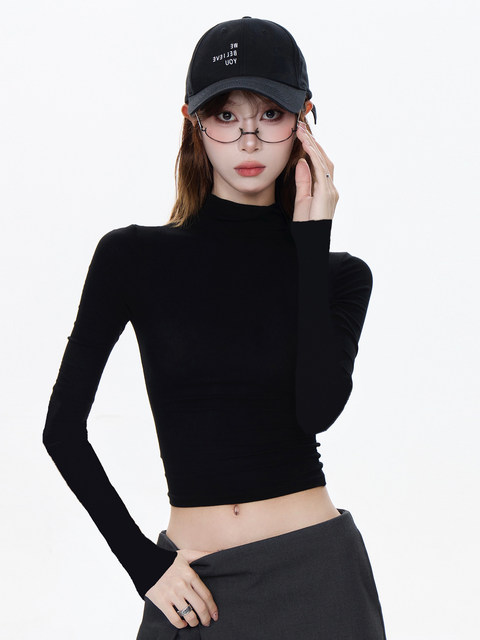 Tight-Fitting Long-Sleeve T-Shirt for Petite Women, Autumn and Winter American Style Slim-Fit Half-High Collar Base Layer Top