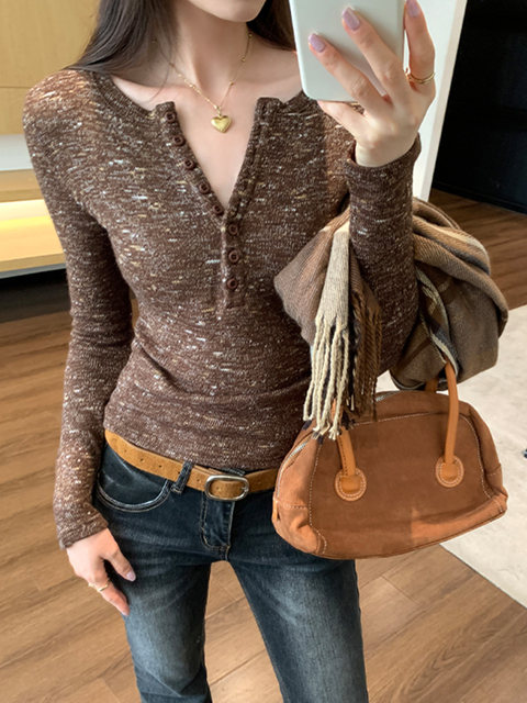 Mixed-Color Henry Collar Floral Yarn Long-Sleeve Knit Top for Women, Autumn and Winter, Light and Mature, Niche Soft and Cozy Style, Half-Open V-Neck Inner Wear