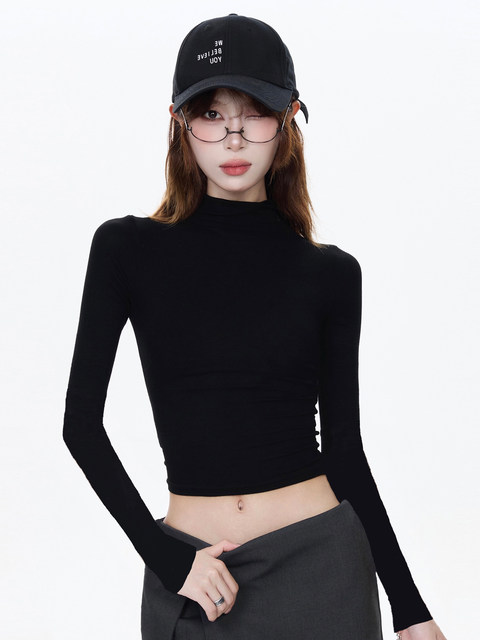 Tight-Fitting Long-Sleeve T-Shirt for Petite Women, Autumn and Winter American Style Slim-Fit Half-High Collar Base Layer Top