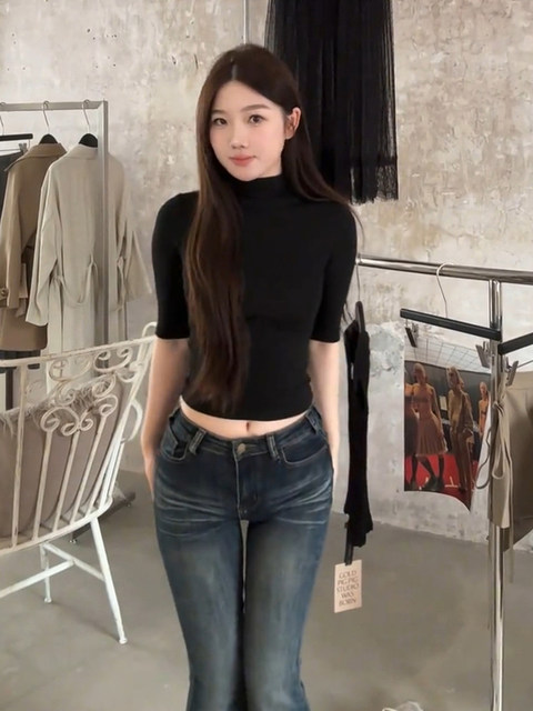 Solid Color Half-High Collar Mid-Sleeve T-Shirt for Women, New Autumn Style, Simple and Versatile, Slim-Fit, Fashionable Short Base Shirt