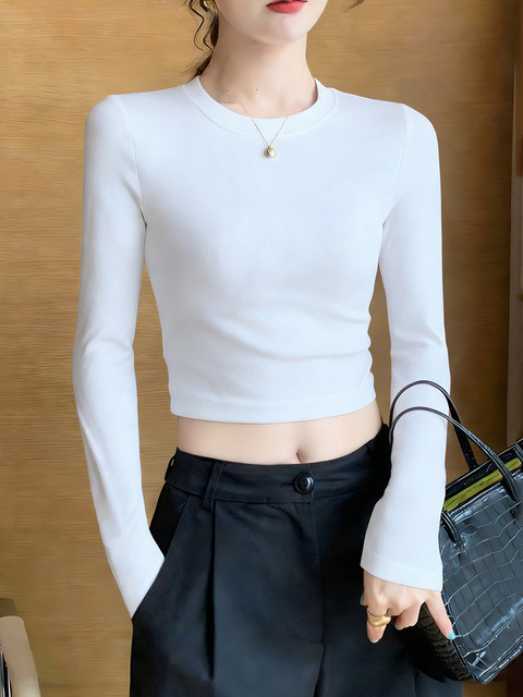 Melard Coffee-Colored Round-Neck Petite Base Shirt for Women, Autumn and Winter Inner Wear, Slim Fit, Tight-Fitting, Slimming Short T-Shirt Top