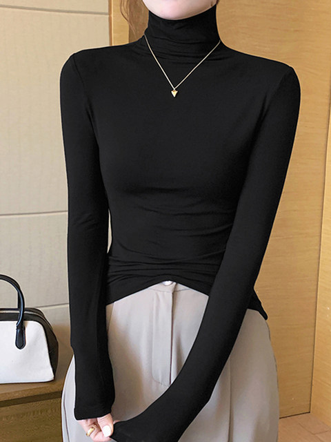 Melard Coffee-Colored High-Neck Long-Sleeve Base Shirt T-Shirt for Women, Autumn and Winter American Style Slim-Fit Slimming Turtleneck Top