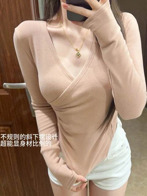 Korean Style Cross V-Neck Long-Sleeved Knitwear for Women, Autumn and Winter Style, Asymmetrical Hem, Slim Fit, Versatile Bottoming Shirt, T-Shirt Top