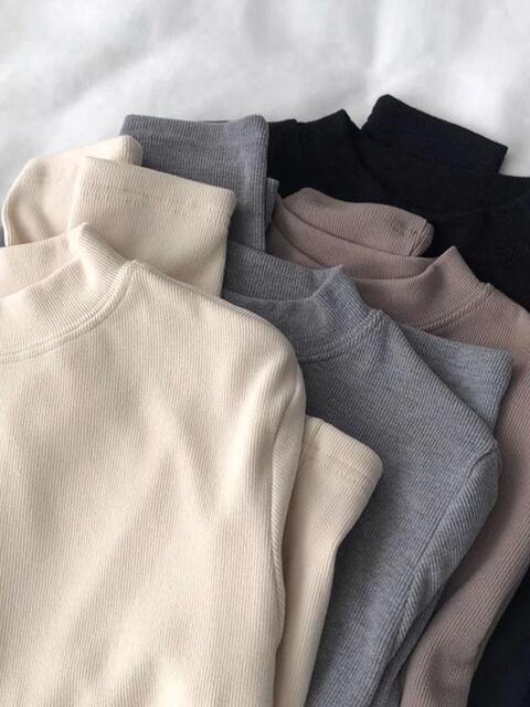 Women's Autumn and Winter Stylish Versatile Base Layer Long-Sleeve T-Shirt with Small Stand-Up Collar, Thin Fleece, Warm Brushed Fabric, Solid Color Top