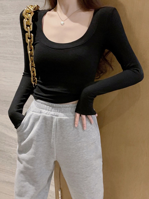 Pure Desire Large Round Neck Tight-Fitting Layered Base Shirt for Women, Autumn and Winter European Hot-Selling Slim-Fit U-Neck Long-Sleeve T-Shirt