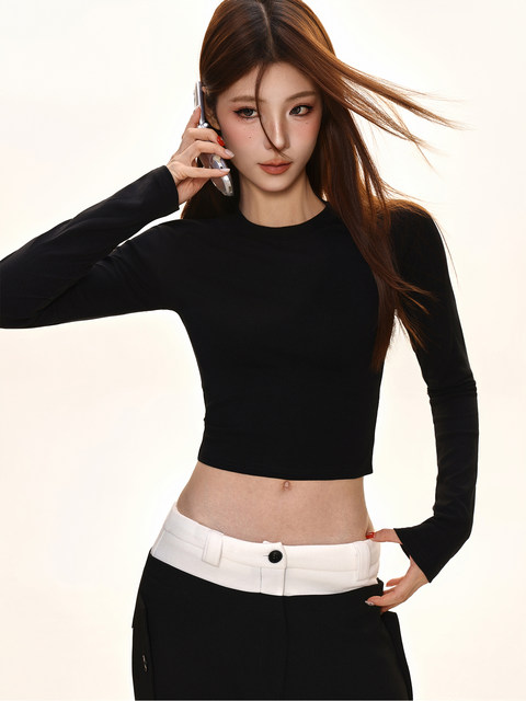 Pure Desire Hot Girl Round Neck Long Sleeve T-Shirt for Women, Early Autumn Korean Style, Waist-Cinching, Slimming, Inner Layering Top, Cropped Top