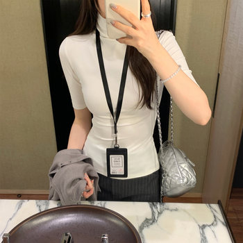 American-Style Half-High Collar Mid-Sleeve T-Shirt for Women, Autumn 2025 New Style, Figure-Flattering, Slim-Fit, Sexy Five-Quarter Sleeve Top