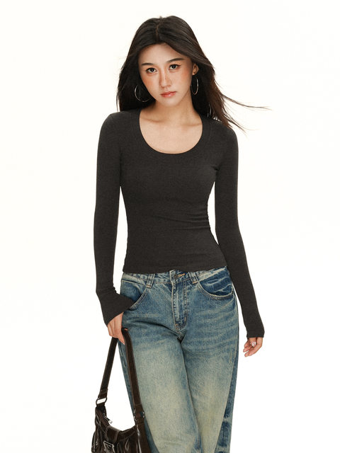 Women's U-Neck Long-Sleeve Base Shirt, New Autumn and Winter Style, Low-Neck, Clavicle-Exposing, Slim-Fit, Figure-Flattering Inner T-Shirt Top, Trendy