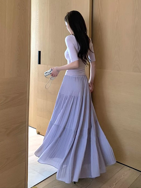 Front and Back U-Neck Sexy Short-Sleeve Base T-Shirt for Women, Spring and Summer Tight-Fitting Mid-Sleeve Pure Desire Slimming Stretchy Light Purple Top