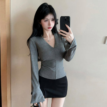Flared Sleeve Spicy Girl V-Neck Long-Sleeve T-Shirt for Women, New Autumn and Winter Slim Fit Versatile Knit Base Layer Top