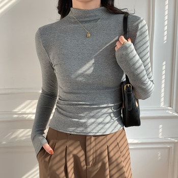 Half-Turtleneck Long-Sleeve T-Shirt for Women, Autumn and Winter Season, Regular Shoulder Fit, Brushed Thin Fleece, Warm, Ruched, Slim-Fit Base Layer Top