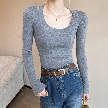 Autumn and Winter U-Neck Long-Sleeve Base Layer Shirt for Women 2025 New American Style Slim Fit Versatile Regular Shoulder Top