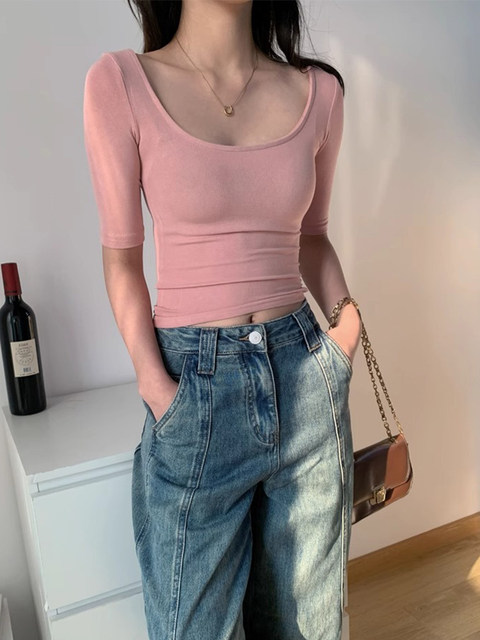 Large U-Neck Five-Quarter Sleeve Solid Color Top for Women, Summer 2025 New Popular Style, Unique Slim-Fit Tight Inner Wear Mid-Sleeve T-Shirt