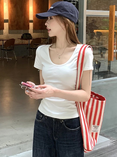 Korean-Style U-Neck Slim-Fit T-Shirt Short-Sleeve Women's 2025 Summer New Niche Design Solid Color Versatile Top