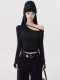 Asymmetrical Off-Shoulder Long-Sleeve T-Shirt for Women, Autumn and Winter American Style, Tight-Fitting, Hollow-Out, Slim-Fit, Off-Shoulder, Elegant Base Top