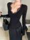 Spicy Girl V-Neck Lace Trim Base Shirt for Women, Autumn and Winter, Sexy Large Neckline, Slim Fit, Long-Sleeved T-Shirt, Inner Layer Top