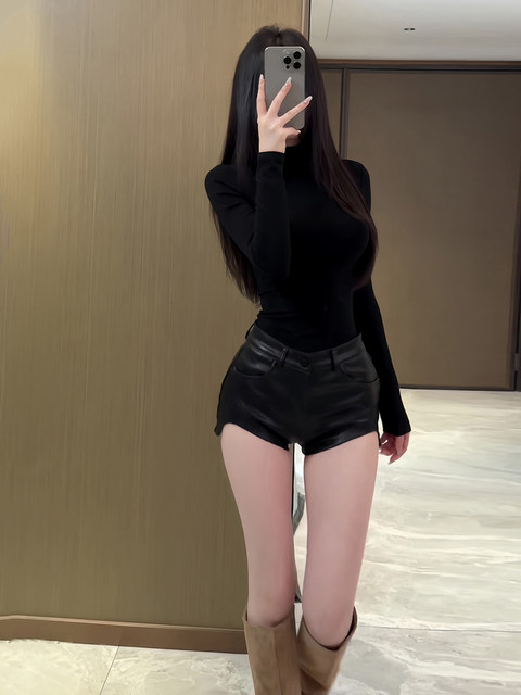 Cool and Spicy Black Half-High Collar Long-Sleeve T-Shirt for Women, Autumn and Winter Slim Fit Hot Girl Style, Slimming Base Layer Top