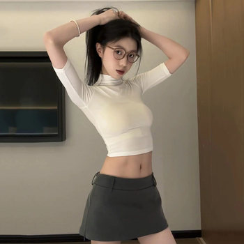 Half-High Collar Tight-Fitting Mid-Sleeve T-Shirt for Women, Summer American Style, Flattering and Slimming Base Shirt Top