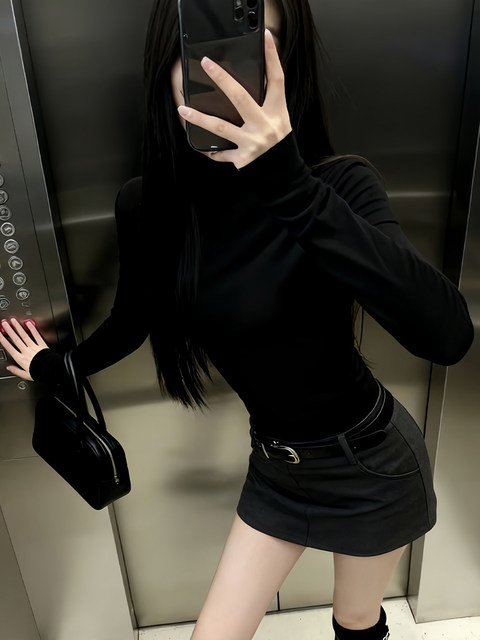 High-End Black Turtleneck Long-Sleeve Inner T-Shirt for Women, Autumn and Winter Slim-Fit Cool Style Base Layer Top