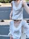 White U-Neck Snowflake Cotton and Linen Camisole for Women, Summer and Autumn, Lazy Style, Loose Casual, Slightly Sheer, Sleeveless Outerwear Top
