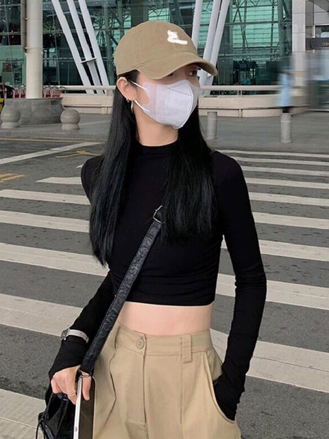 Hot Girl Short High-Waisted Long-Sleeve Base T-Shirt for Women, Autumn and Winter Pure Desire Style American-Style Slim-Fit Slimming Top