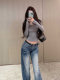 Sweet and Spicy Girl Sexy Low-Cut U-Neck Top for Women, Autumn and Winter American Style Short Slim-Fit Long-Sleeve Stretchy Inner T-Shirt Base Layer