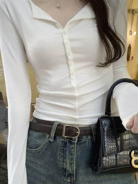 Sexy V-Neck Buttoned Long-Sleeve T-Shirt for Women, Autumn and Winter Spicy Style, Slightly Open Collar, Unique Design, Slim Fit, Flattering Base Top