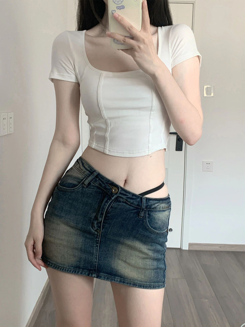 Square Neck Fishbone Waist-Cinching Short-Sleeve T-Shirt for Women, 2025 Summer New Slim-Fit Cropped Top, Spicy Girl Base Shirt