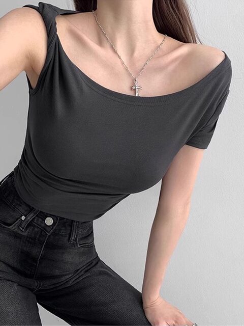Asymmetrical Neck Off-Shoulder Short Sleeve Twist T-Shirt for Women 2026 Summer New Design Niche Slim Fit Asymmetrical Shoulder Top