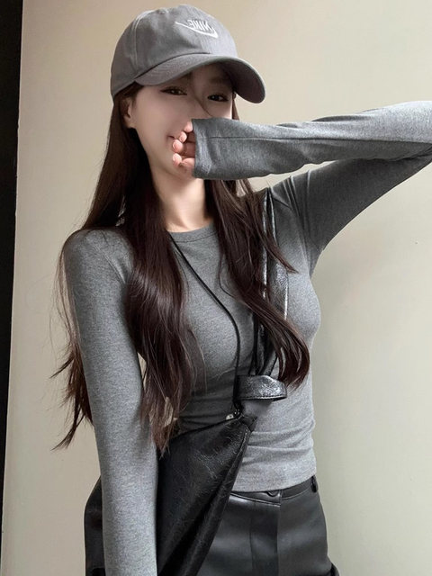 Gray Long-Sleeved Inner Layering T-Shirt for Women, Autumn and Winter 2025 New Style, Thin Fleece, Warm, Slim-Fitting, Simple Top