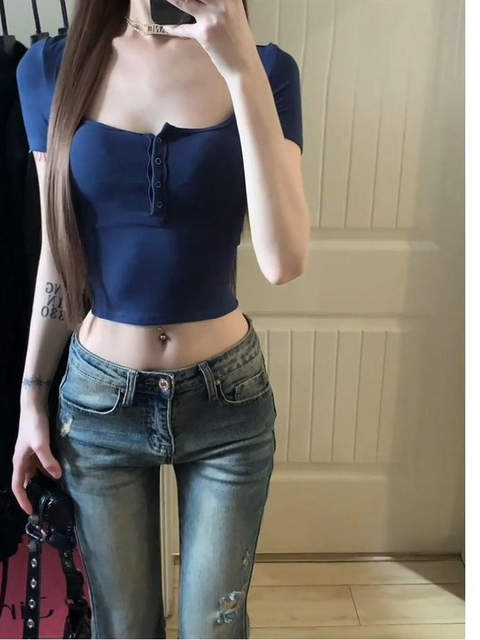 Sexy Tight-Fitting Hot Girl Square-Neck Short-Sleeved T-Shirt for Women Summer 2025 New Design High-Waisted Slimming Short Top