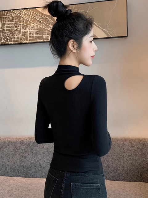 Half Turtleneck Long-Sleeved Bottoming Shirt for Women in Autumn and Winter New Style Threaded High-Bottom Cut Out Slim Fit Inner T-Shirt Top