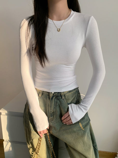 American-Style Gray Regular Shoulder Base Layer Top for Women, Autumn and Winter Long-Sleeve T-Shirt, Slim Fit Brushed Inner Wear Top