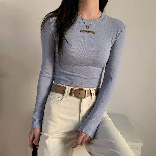 Trendy Slim-Fit Long-Sleeve T-Shirt for Women, New Autumn and Winter Design, Unique High-Waisted Short Base Shirt Top for Women