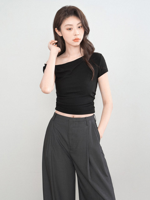 Hot Girl Sexy Short-Sleeved Off-Shoulder Twist T-Shirt Women's Summer Design Asymmetrical Slimming Look Slanted Shoulder Short Top