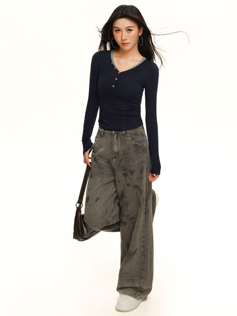 European Style V-Neck Button-Up Long-Sleeve T-Shirt for Women, New Autumn and Winter Design, Unique Lyocell Tencel Waist-Cinching Slimming Top