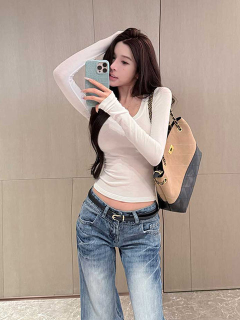 Sweet and Spicy Girl Sexy Low-Cut U-Neck Top for Women, Autumn and Winter American Style Short Slim-Fit Long-Sleeve Stretchy Inner T-Shirt Base Layer