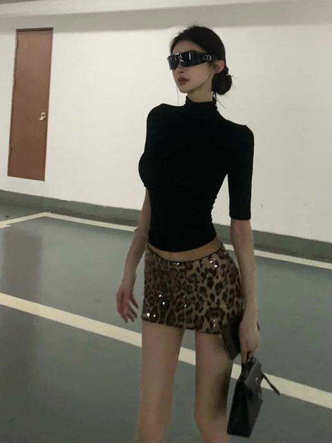 Sexy Hot Girl Black Half-High Collar Mid-Sleeve T-Shirt for Women, Spring and Autumn Tight-Fitting American-Style Five-Quarter Sleeve Base Layer Top