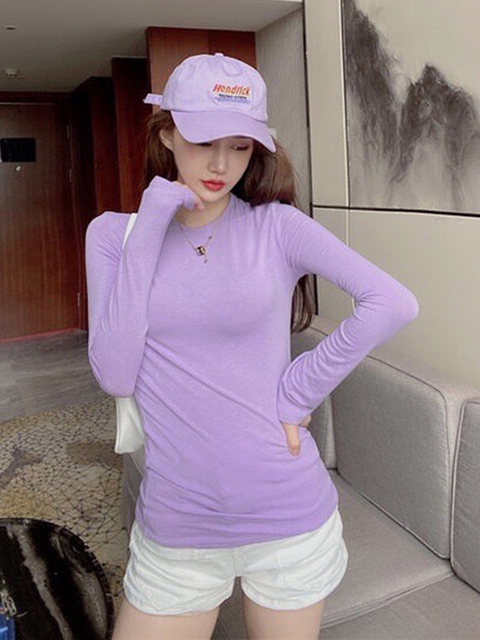 American-Style Spicy Girl Tight-Fitting Purple Long-Sleeve T-Shirt for Women, Super Stylish and Slimming Round-Neck Base Shirt for Autumn and Winter