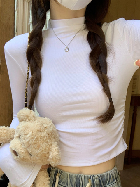 Hot Girl Style Pleated Waist-Cinching Long-Sleeve Base Shirt for Women, Autumn and Winter American-Style Slim-Fit Half-High Collar Short Top