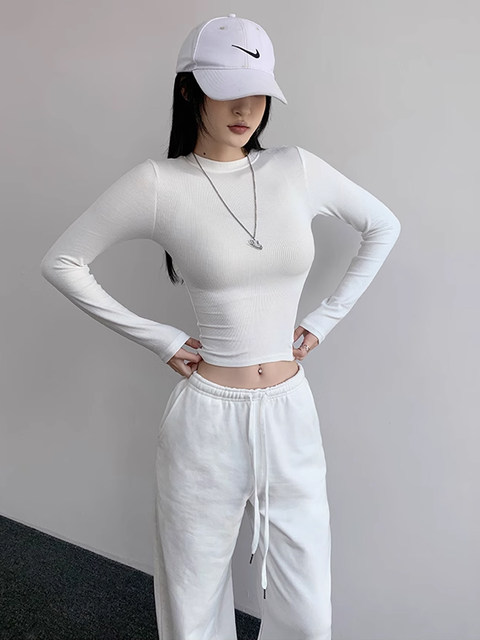 American-Style Spicy Girl Round-Neck Long-Sleeve T-Shirt for Women, New Autumn Slim-Fit High-Waisted Short Top for Layering